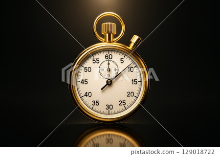 Gold analog stopwatch with white dial on black reflective surface, showing precise time measurement 129018722