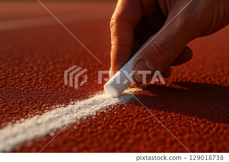 Hand drawing white line with chalk on red athletic running track 129018738
