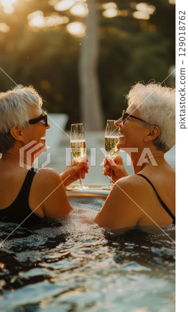 Sunset pool with friends 129018762