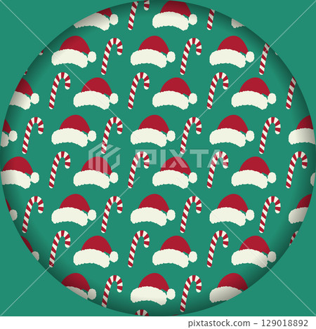 Striped Candy Cane and Santa Hats Circle Christmas Pattern Paper Cut effect Christmas Holidays Fond 129018892