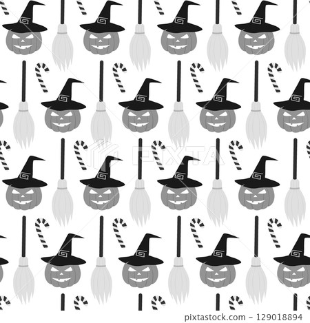 Jack Lantern in Witch Hat Broom and Striped Candy Cane Seamless Pattern in Grayscale Halloween Fond 129018894