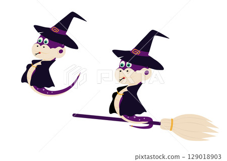 Hand Drawn Cute Halloween Character in Witch Hat and cloak Flying on broom and standing Isolated Set 129018903