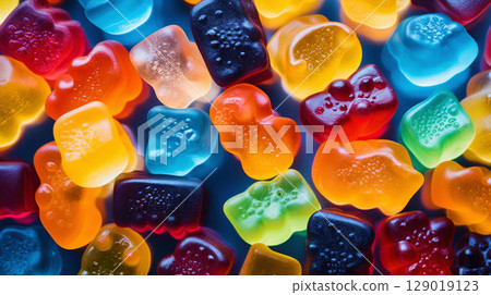 Fruit gummy candies background. Colorful sweet backdrop. Generative AI 129019123