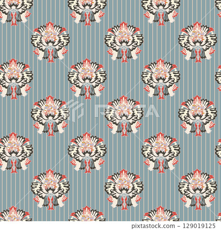 Blue Striped Ornamental Floral Pattern 129019125