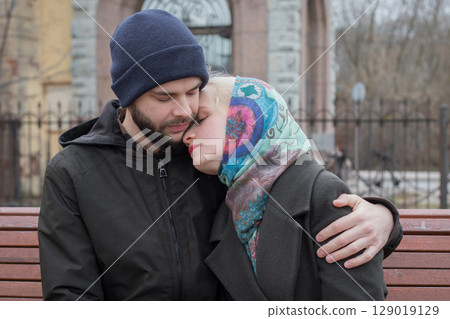 Loving couple. Man and woman in love, outdoors lifestyle portrait 129019129
