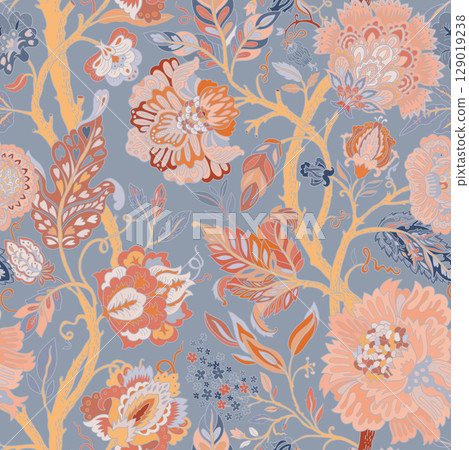 Blue Background Ornate Floral Pattern 129019238