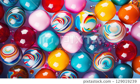 Top view on large colorful jawbreaker candies background. Gum colorful balls. Generative AI 129019239