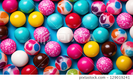 Top view on large colorful jawbreaker candies background. Gum colorful balls. Generative AI 129019241