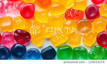 Fruit gummy candies background. Colorful sweet backdrop. Generative AI Fruit gummy candies background. Colorful sweet backdrop. Generative AI 129019259