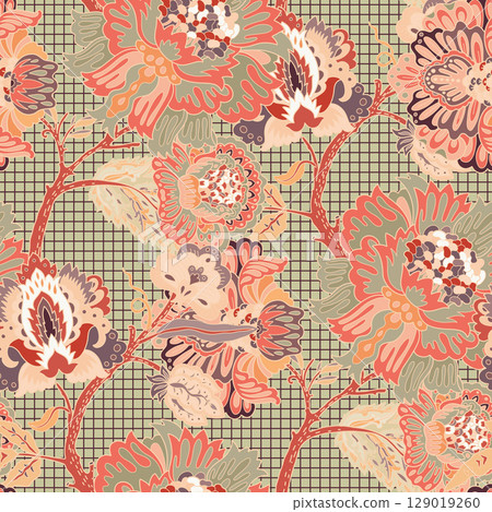 Ornamental Floral Grid Seamless Pattern 129019260