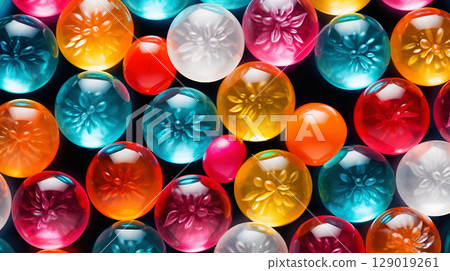 Top view on large colorful jawbreaker candies background. Gum colorful balls. Generative AI 129019261