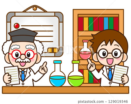 圖解資料2：一名醫生和助手在科學課上講解一項實驗 129019346