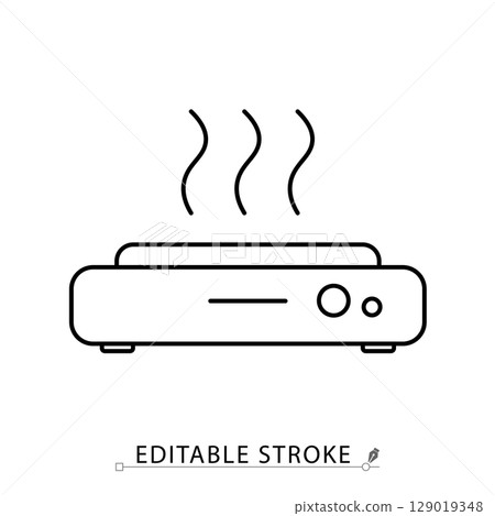 Heater plate icon in editable stroke. Lab hot plate outline vector. Laboratory heating equipment, warm-up device for samples, flat electric heater, scientific tool line symbol. 129019348