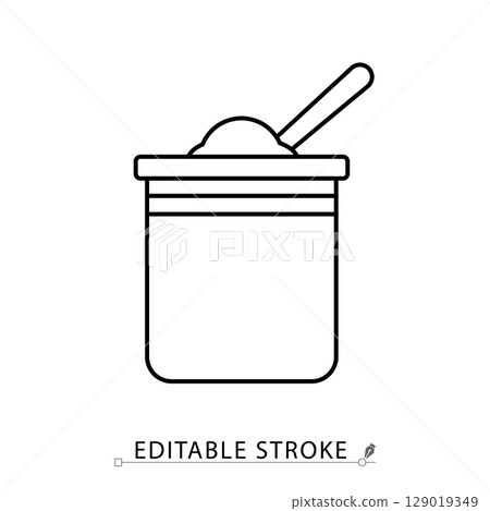 Reagent powder icon in editable stroke. Container with chemical powder and spoon outline vector. Laboratory jar for dry substances, supplements, medicine, or diagnostic mixtures. Reagent powder icon in editable stroke. Container with chemical powder and spoon outline vector. Laboratory jar for dry substances, supplements, medicine, or diagnostic mixtures. 129019349