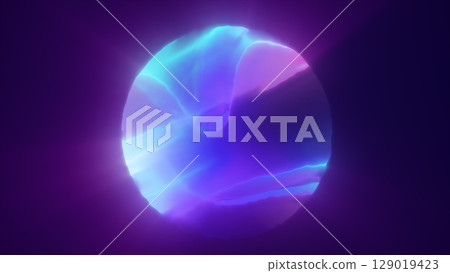 Abstract glowing sphere emitting waves of energy in dark space, evoking futuristic power and cosmic dynamics Abstract glowing sphere emitting waves of energy in dark space, evoking futuristic power and cosmic dynamics 129019423