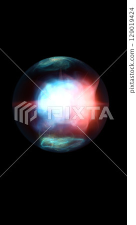 Abstract glowing sphere with swirling light patterns in blue and red hues against a black background Abstract glowing sphere with swirling light patterns in blue and red hues against a black background 129019424