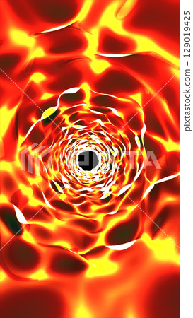 Abstract glowing tunnel of swirling fire-like patterns, intense red and yellow hues radiating energy and motion into a black void 129019425