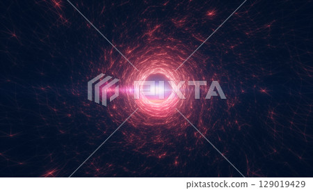 Bright red and pink digital vortex with wireframe and energy lines converging at a glowing center with lens flare Bright red and pink digital vortex with wireframe and energy lines converging at a glowing center with lens flare 129019429