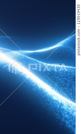 High-tech blue digital mesh forms flowing waves of data points on a dark background High-tech blue digital mesh forms flowing waves of data points on a dark background 129019430