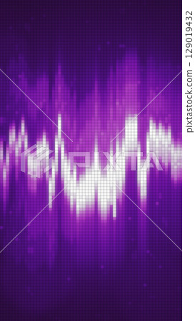 Bright purple and white glowing soundwave pattern over a pixelated digital background, resembling an LED display Bright purple and white glowing soundwave pattern over a pixelated digital background, resembling an LED display 129019432