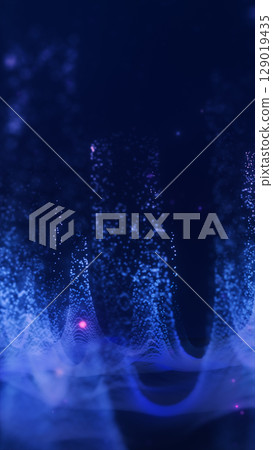 Abstract 3D visualization of floating particles and mesh waves in dark blue tones with glowing accents 129019435