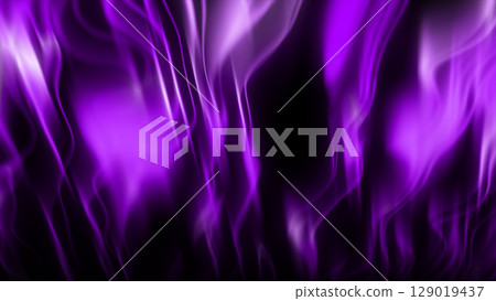 Vertical flowing streams of glowing purple light resembling abstract energy flames or aurora on a black background 129019437