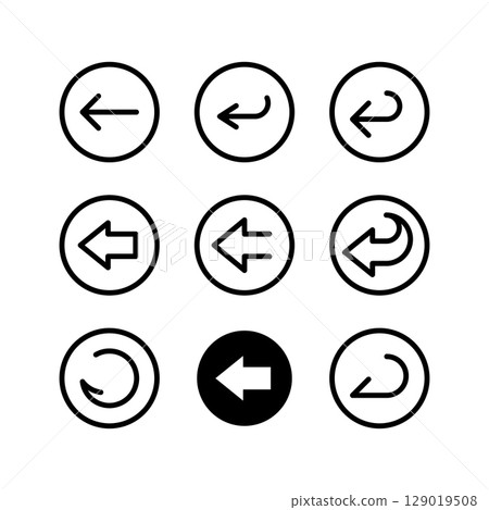 Back arrow round buttons icon set. Interface elements for mobile and web software development. Black arrow inside a circle. Line style design. Adjustable stroke width and type. 129019508