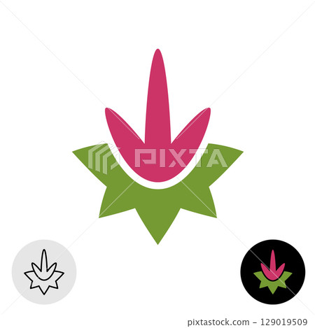 Amaranth flower vector logo. Elegant minimalistic symbol icon of violet Amaranthus flower with green leaves. Plain colors and outline illustration style. Adjustable stroke width. 129019509