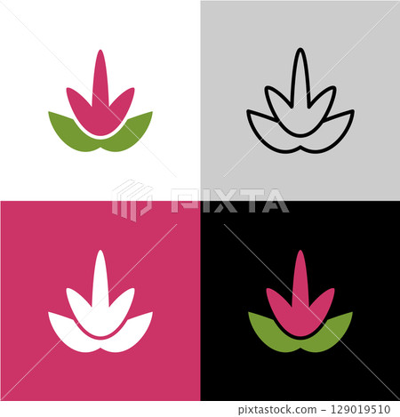 Amaranth flower vector logo. Elegant minimalistic symbol icon of violet Amaranthus flower with green leaves. Plain colors and outline illustration style. Adjustable stroke width. 129019510