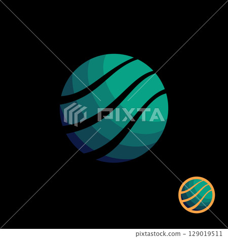 Abstract green gradient round globe logo with wavy lines around. Earth in space or sport ball concept design. 129019511