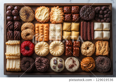 Variety of bakes and cookies in on a wooden trading tray on a white background. Variety of bakes and cookies in on a wooden trading tray on a white background. 129019536