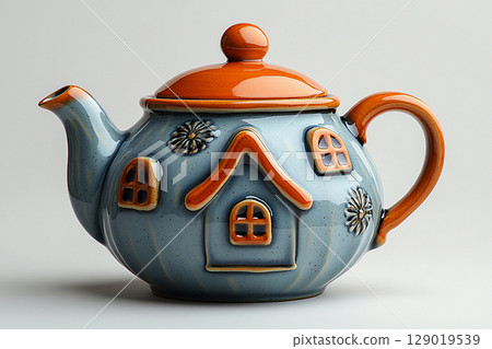 Kitchen atmosphere. Ceramic teapot in shape of an English house on a white background. Classic style. Kitchen atmosphere. Ceramic teapot in shape of an English house on a white background. Classic style. 129019539