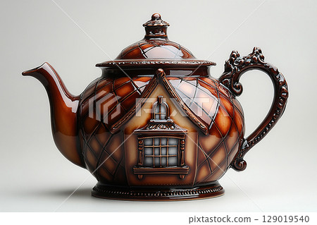 Serving ware. Ceramic teapot in shape of an English house on a white background. Classic style. Serving ware. Ceramic teapot in shape of an English house on a white background. Classic style. 129019540