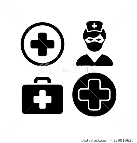 Healthcare Icons with Medical Crosses, Nurse, and First Aid Kit in Black 129019623