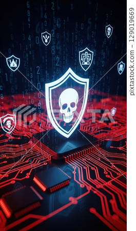 Cybersecurity Threat Warning Digital Skull Shield on Circuit Board 129019669