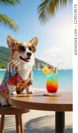 Happy Corgi in Hawaiian Shirt Enjoying Beach Cocktail 129019678