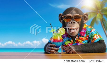 Happy Chimp on Tropical Vacation with Colorful Cocktail 129019679