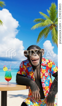 Happy Chimpanzee in Hawaiian Shirt on Sunny Beach Vacation 129019683