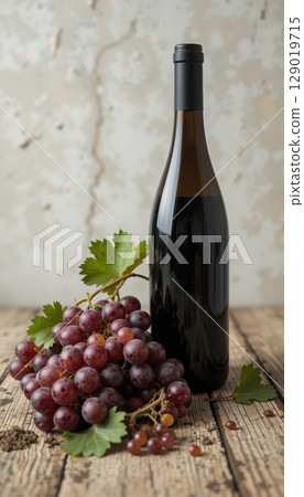 Red Wine Bottle and Fresh Grapes on Rustic Wood 129019715