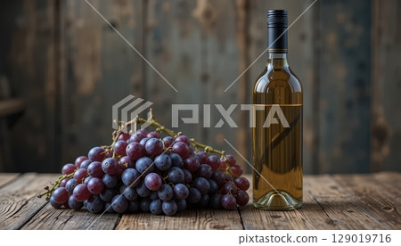 White Wine Bottle and Red Grapes on Rustic Wood 129019716