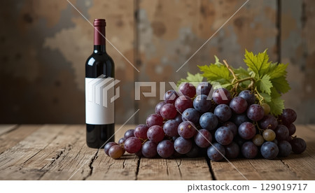 Red Wine Bottle and Grapes on Rustic Wooden Surface 129019717