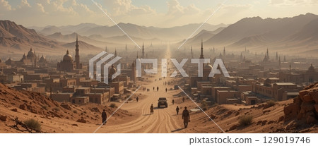 Desert City with Ancient Architecture Leading to Distant Mountains 129019746