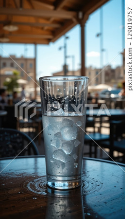 Refreshing Drink with Ice on a Shady Outdoor Cafe Table 129019757