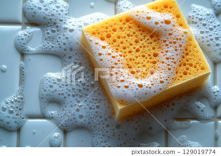 Hygiene. Yellow sponge with cleaning agent wiping a ceramic tile with soap bubbles. Close-up. Hygiene. Yellow sponge with cleaning agent wiping a ceramic tile with soap bubbles. Close-up. 129019774