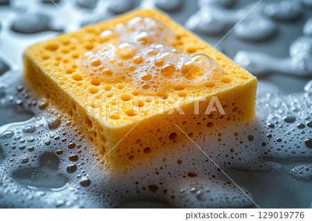 Mockup for bathroom cleaning products. Yellow sponge with cleaning agent wiping a ceramic tile with soap bubbles. Close-up. Mockup for bathroom cleaning products. Yellow sponge with cleaning agent wiping a ceramic tile with soap bubbles. Close-up. 129019776