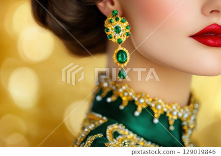 Bold runway fashion featuring a striking golden-green dress adorned with dark green accents and exquisite emerald jewelry during a high-end fashion show 129019846