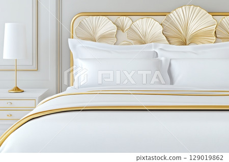 Luxurious bedroom featuring silk bedding and elegant golden accents in a modern interior design 129019862