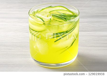 Refreshing lime drink with floating olive-green herbs and ice in glass jar on gray wooden table 129019938