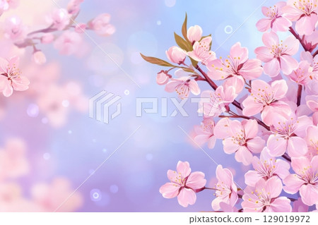 Blooming cherry blossoms create a serene atmosphere under a pastel sky during early spring evening hours 129019972