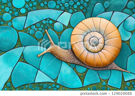 Snail with spiraling terracotta shell crawling on moss with dew in turquoise surroundings 129020088